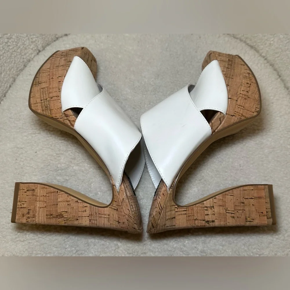 NWOT NINE WEST white‎ straps cork high heels platforms curved chunky summer 7.5